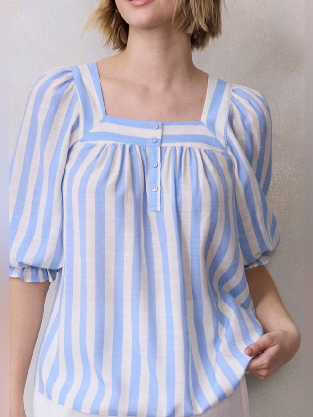 LC Lauren Conrad Plus 1X Blouse Blue White Vertical Stripe Square Neck